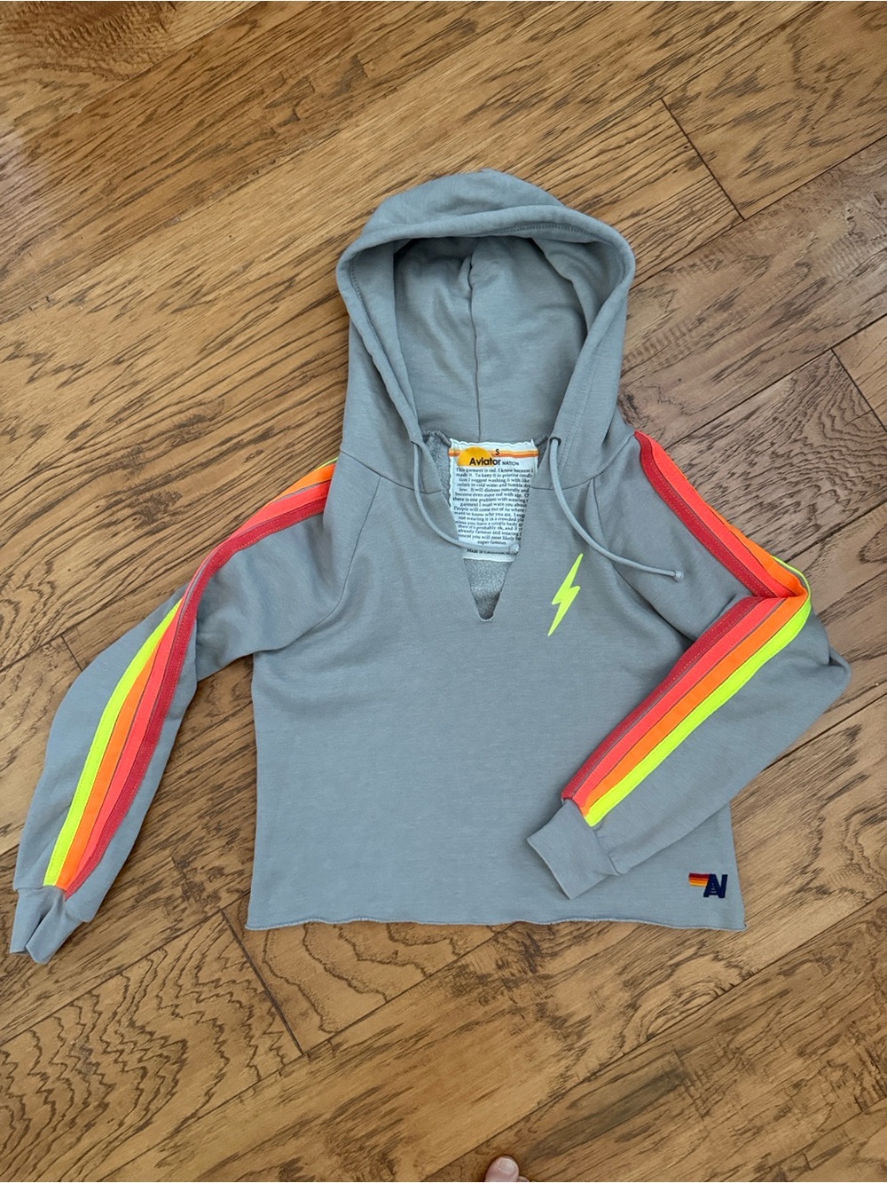 Aviator Nation Cropped Gray Neon Yellow Hoodie Top Sweatshirt Neon Stripe Sleeve - Picture 2 of 5